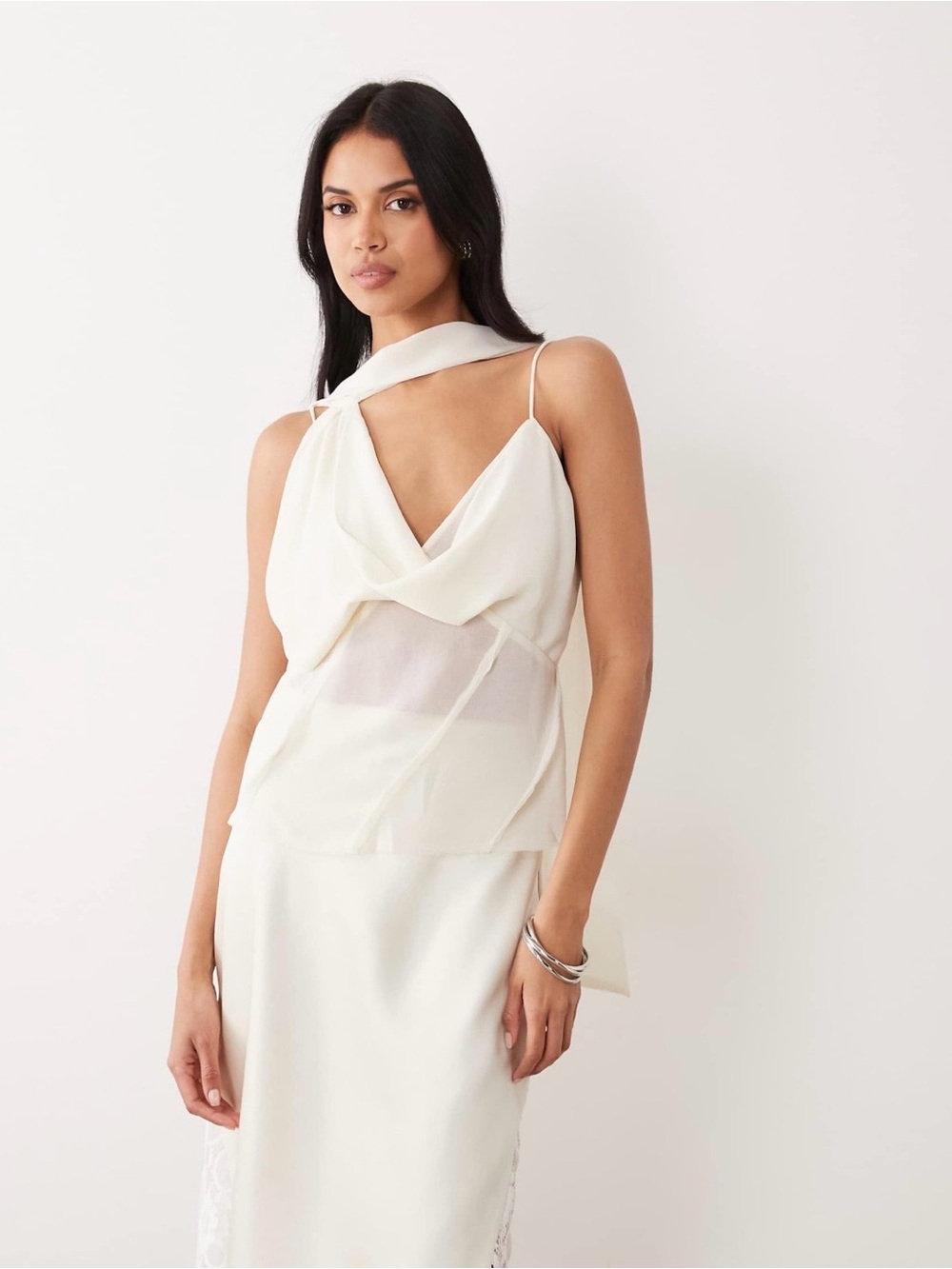ASOS DESIGN Draped Scarf-detail Sheer Cami Top in Cream Size 6